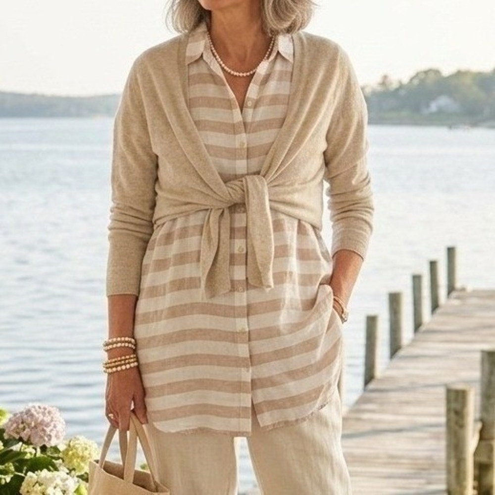 St tropez women linen tunic medium beige stripe neutral coastal beachy vacation